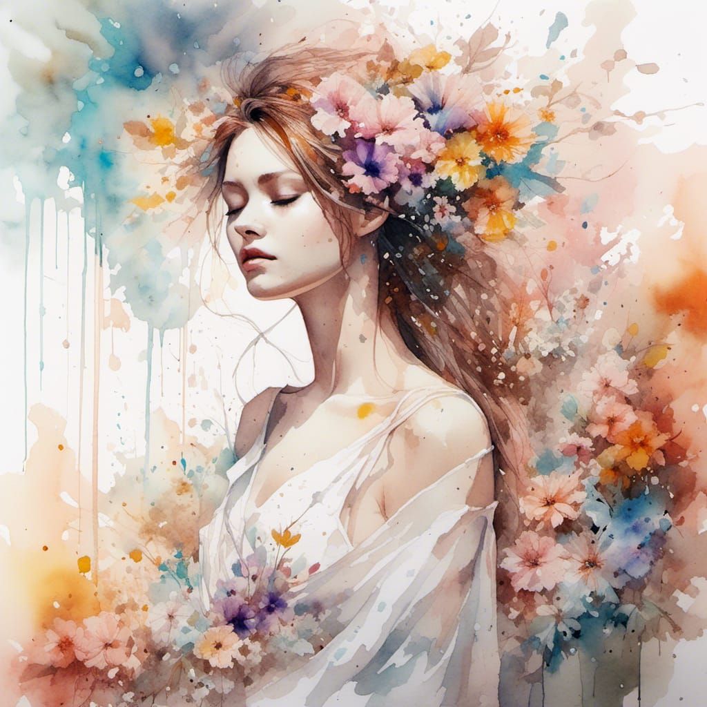 Watercolor Woman in Pastel Flower Garden