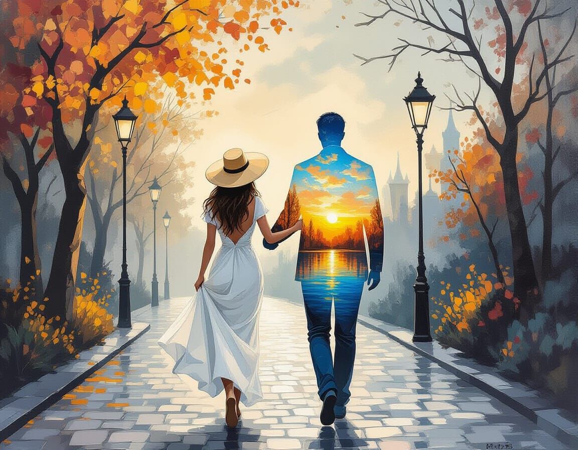 Woman with Ghostly Figure in Sepia Gouache and Watercolor