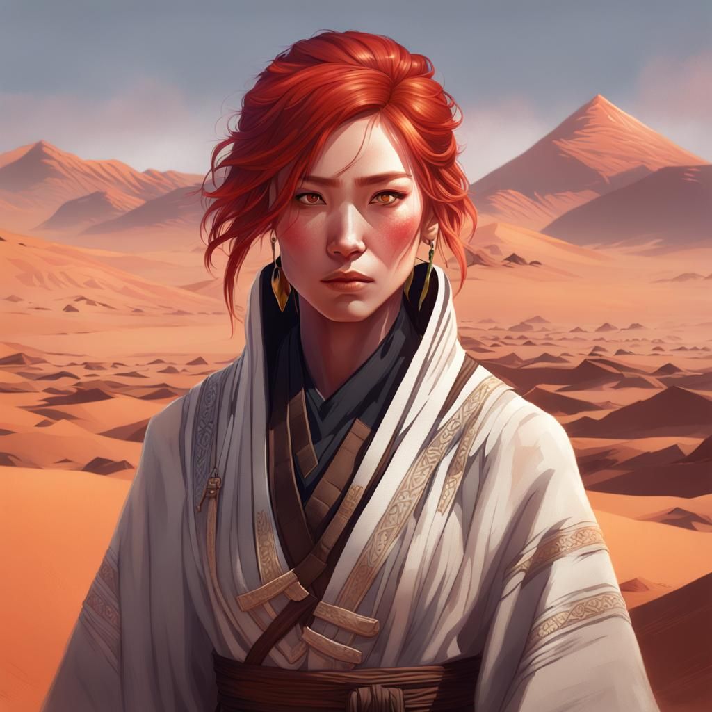 Red-Haired Woman in Desert Outfit: Detailed Portrait