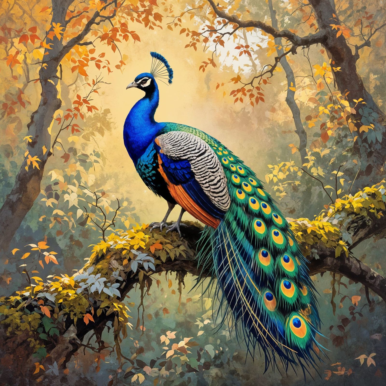 Majestic Peacock on Mossy Branch in Autumn Forest