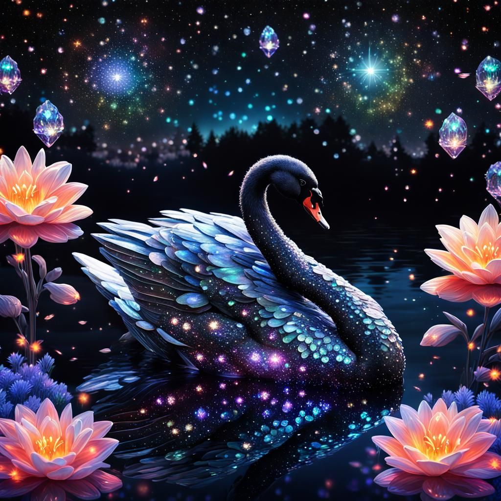 Iridescent Black Swan with Crystals in Fantasy Art