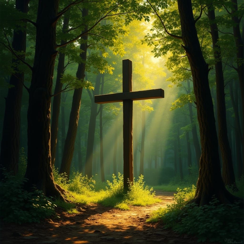 Taize Cross in a Forest with Sun and Shadows