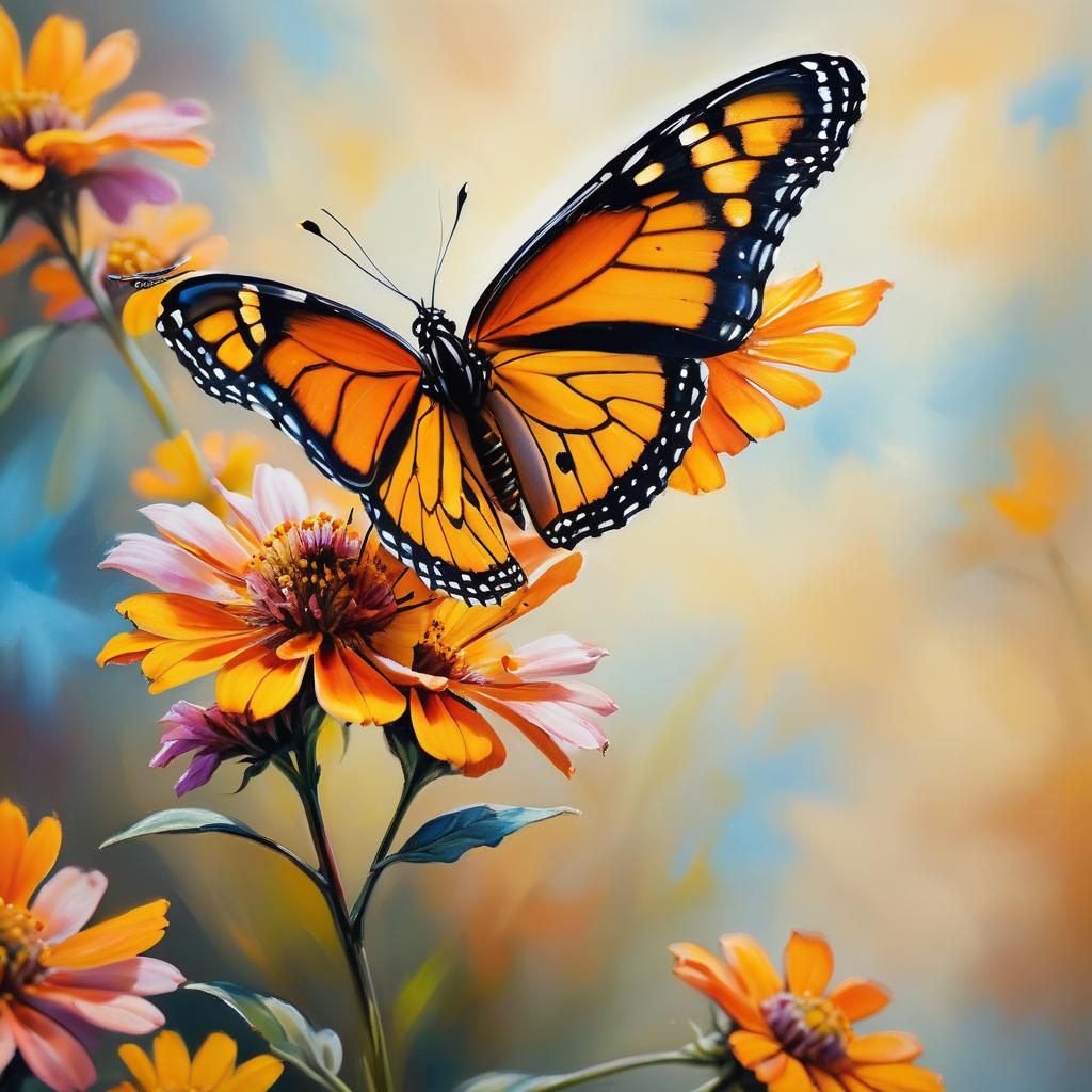 Monarch Butterfly on Flower: Vibrant Oil Painting