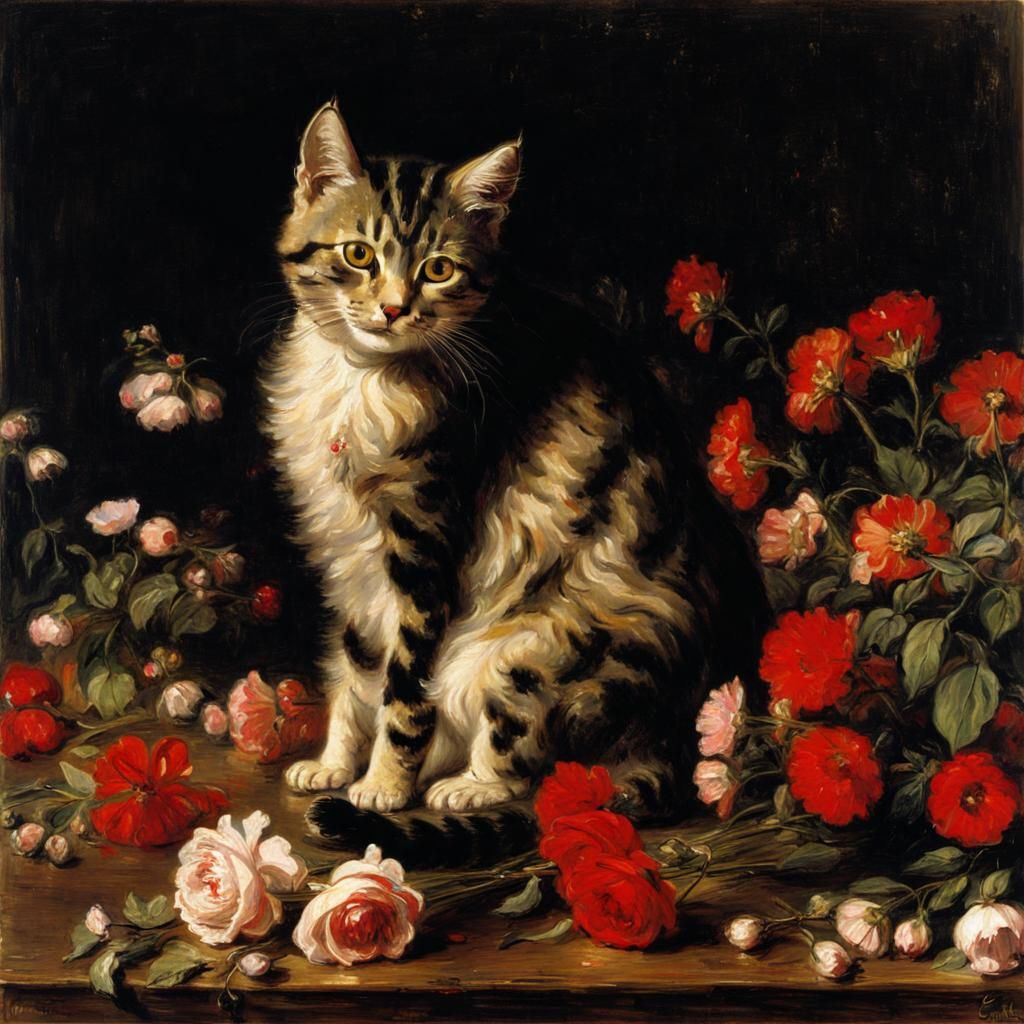 Cute Cat with Flowers, in Realistic Style