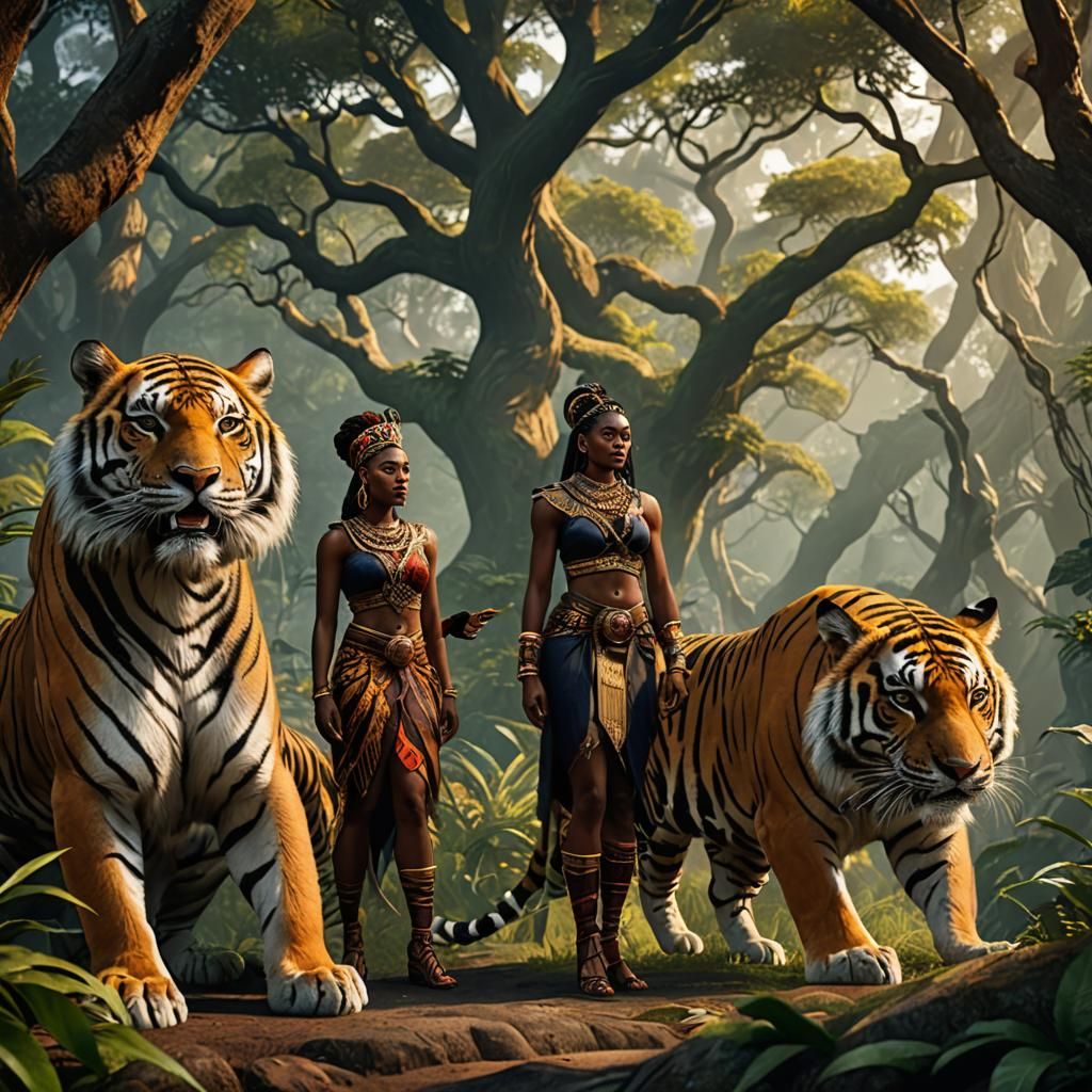 Igbo Princess Facing a Tiger: Fantasy Concept Art