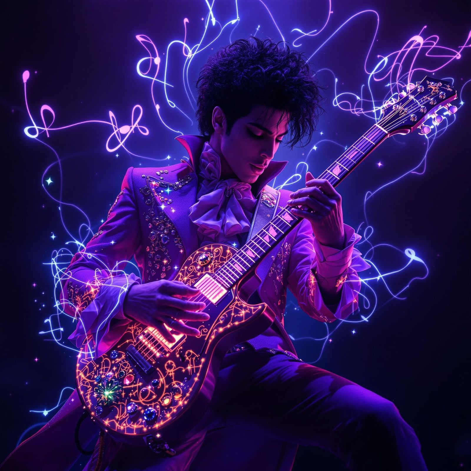 Prince, Electric Guitar Virtuoso in Vibrant Purple Jacket, S...