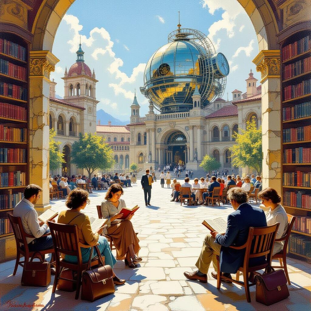 Fantastical Oil Painting of People Reading Overlooking a Sci...