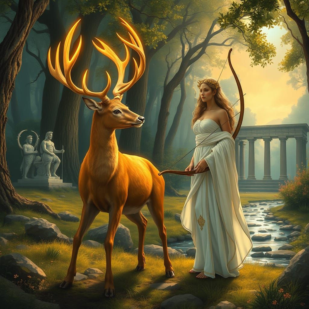 Golden Antlered Deer and Artemis at Temple Ruins