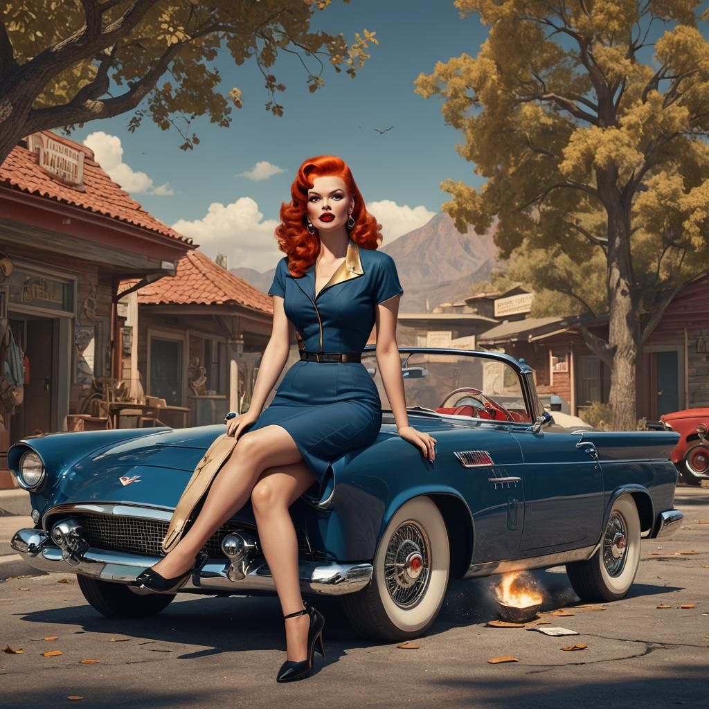 1950s Pin-Up Girl with Thunderbird, Fantasy Concept Art