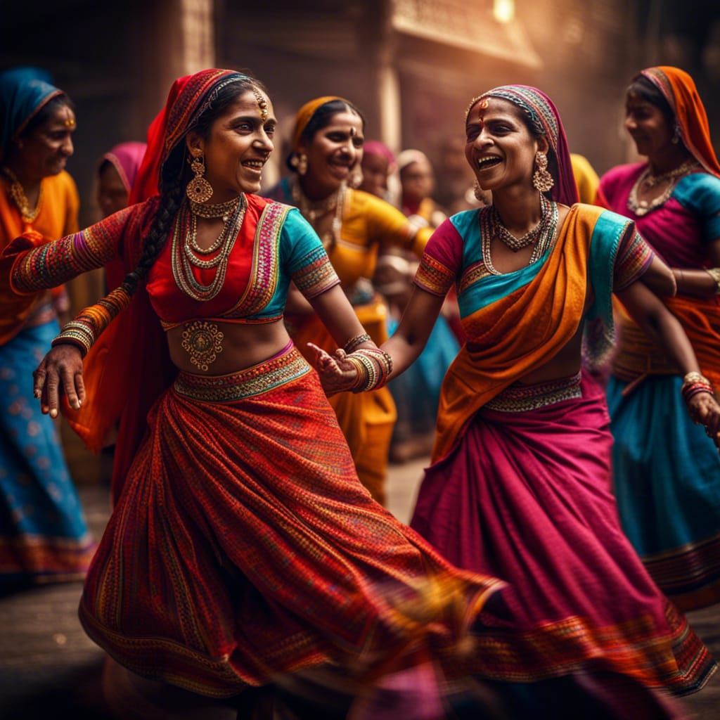 Colorful Indian Women Dancing: Hyperrealistic Interpretation