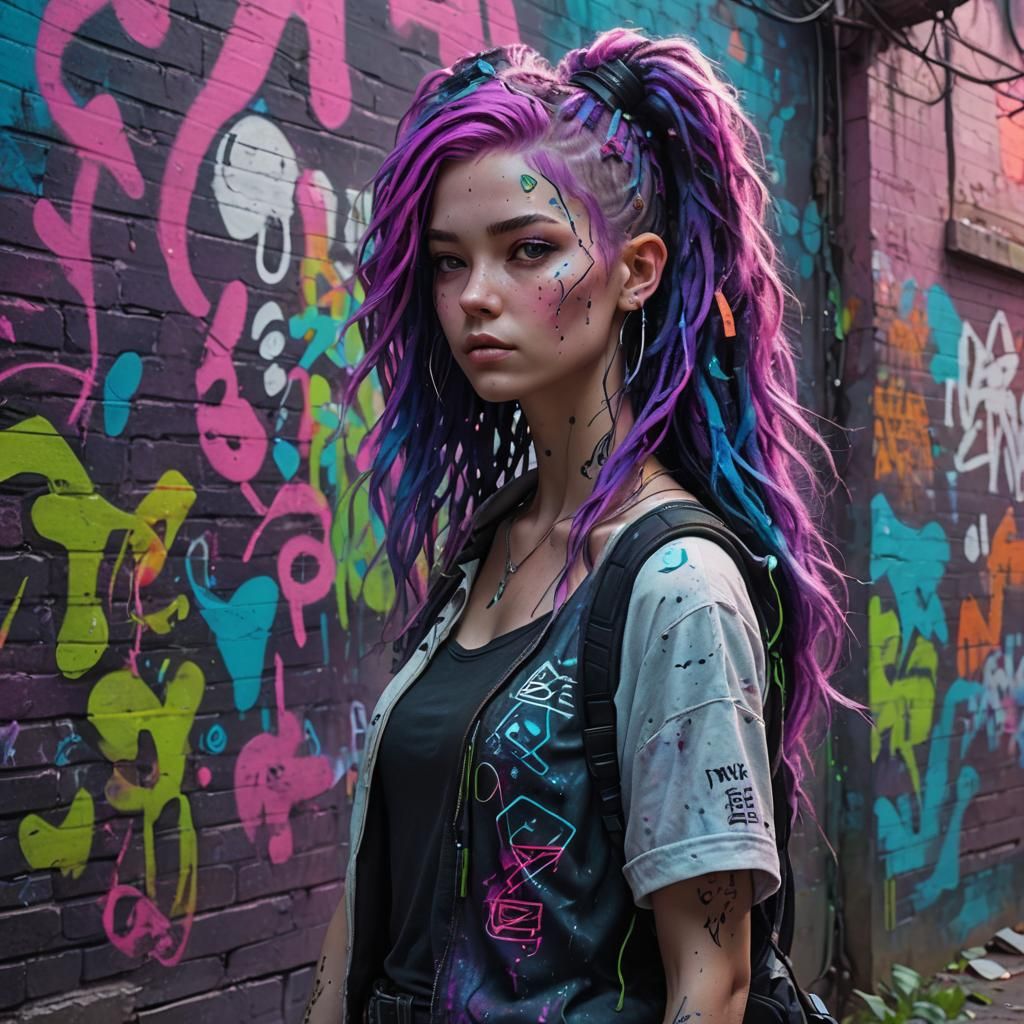 Cyberpunk Nymph with Neon Hair and Graffiti