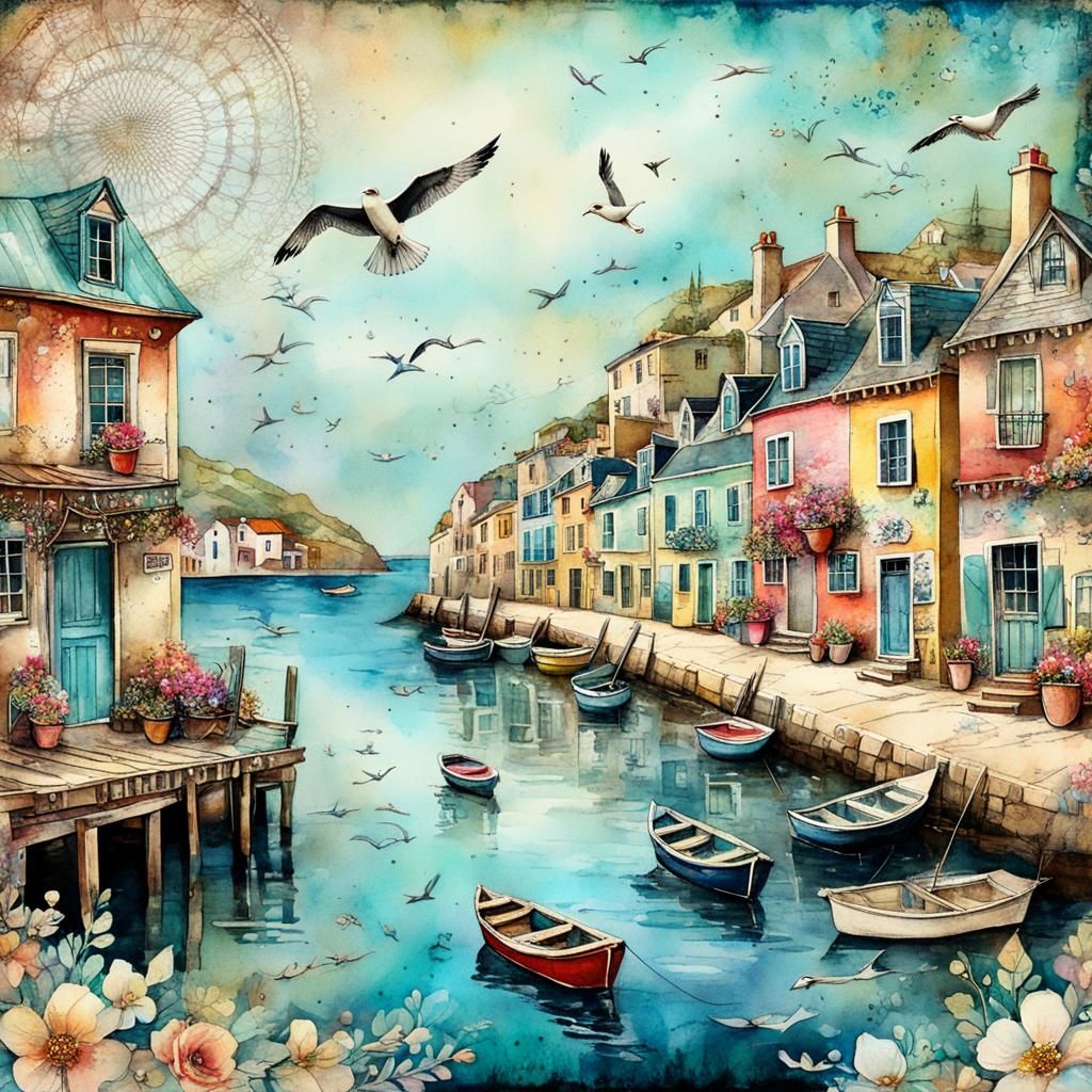 Charming Coastal Village in Mixed Media Collage