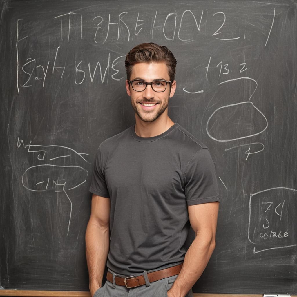 Shirtless Muscular Teacher at Chalkboard
