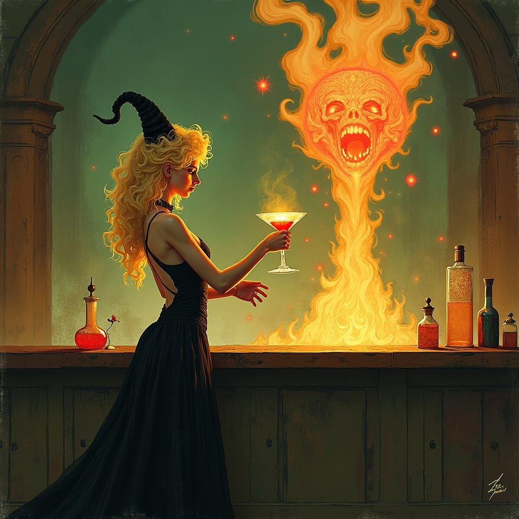 Surreal Alchemist Bartender Mixing Wizard Cocktails