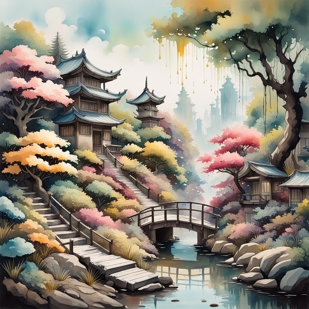Watercolor Japanese Landscape with Fairy Garden Feel