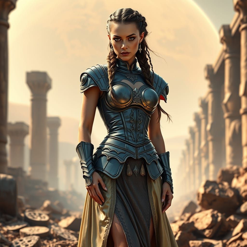 Hyperrealistic Viking Warrior Goddess in Shimmering Armor on...