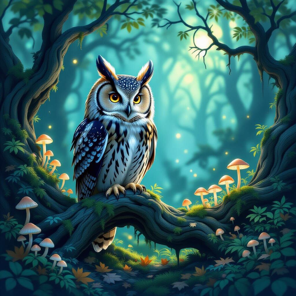 Wise Owl on Ancient Branch in Mystical Forest