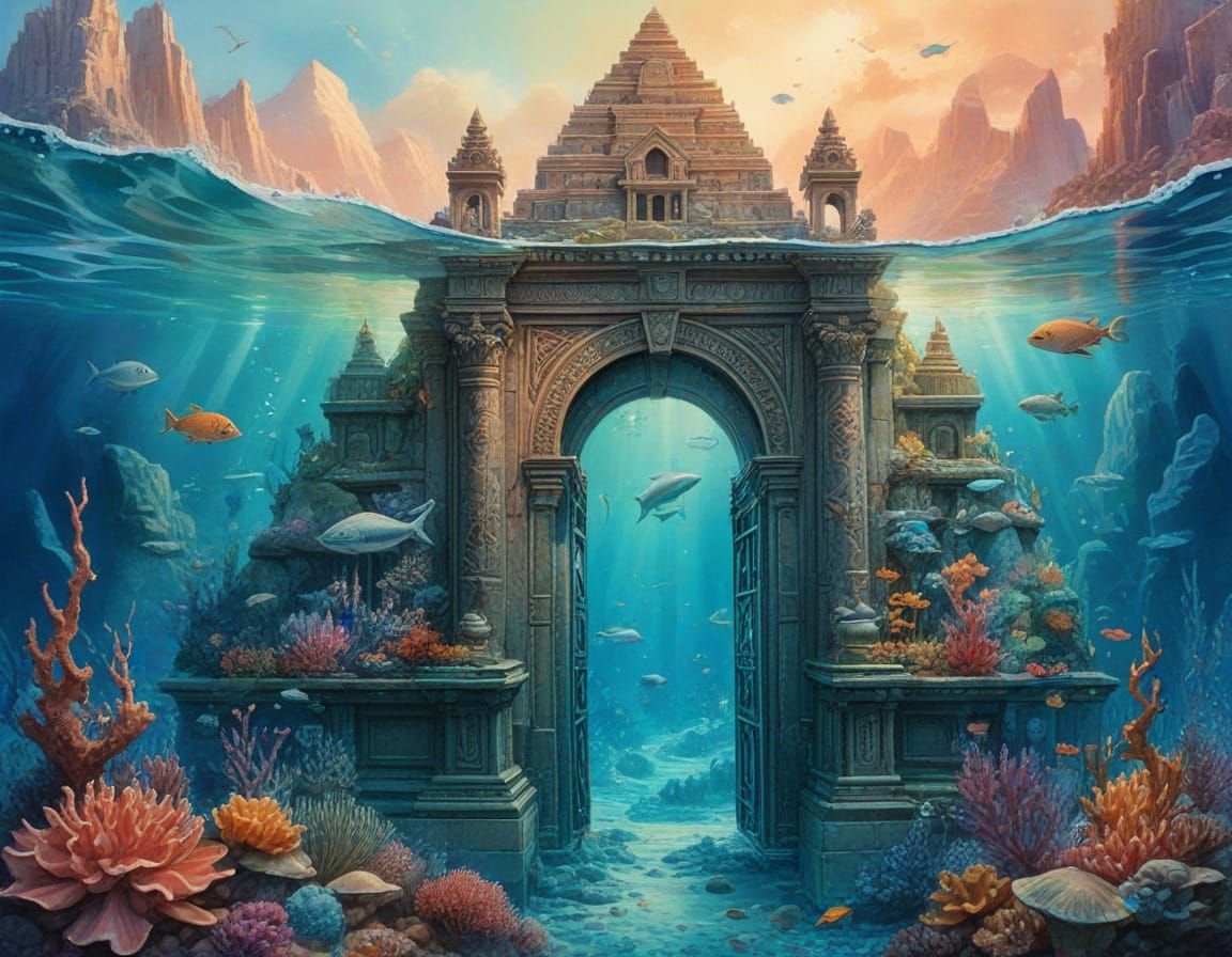 Whimsical Mermaids Dance Around Atlantis Gates in a Soft Wat...