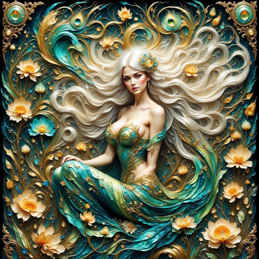 Art Nouveau Woman with Peacock Feathers in Garden