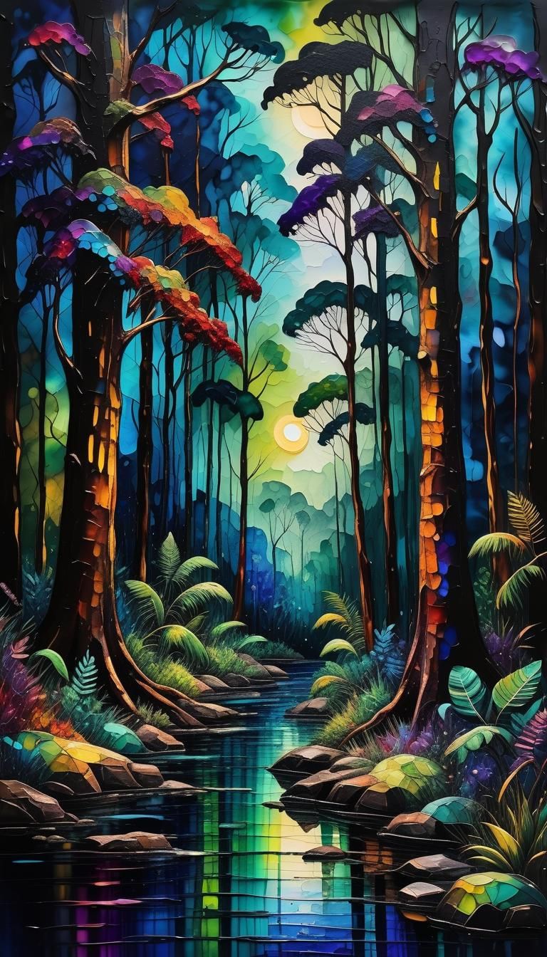 Night Rainforest: Expressionist Impasto Oil Painting