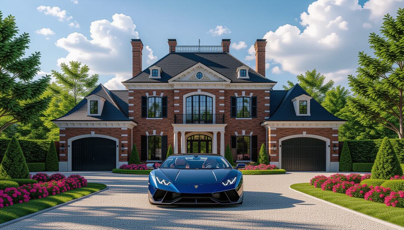 Victorian Chateau with Lamborghini in Golden Hour Light