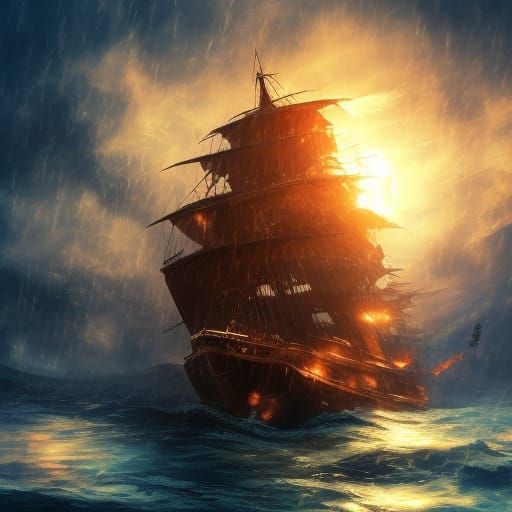 Hyperrealistic Ship Rises in Splash Art Style