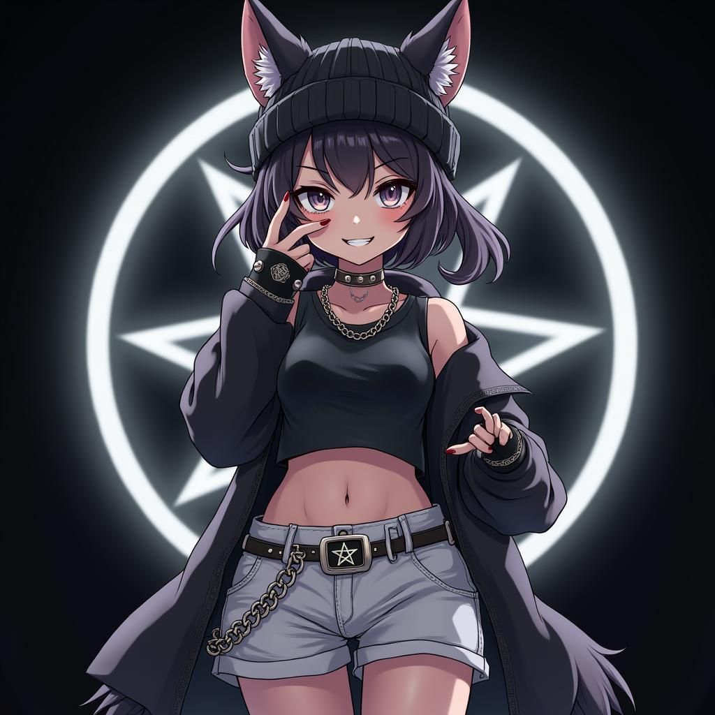 Anime Wolf Girl in Avatar Outfit with Pentagram Backdrop