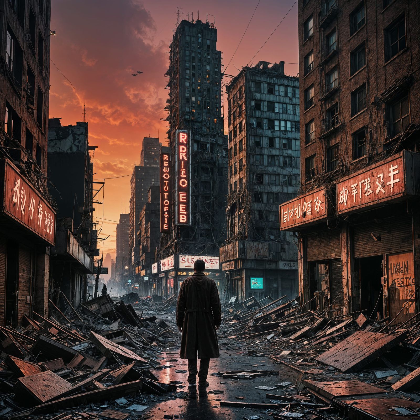 Decaying Metropolis Under Crimson Sky: Cyberpunk Ruins