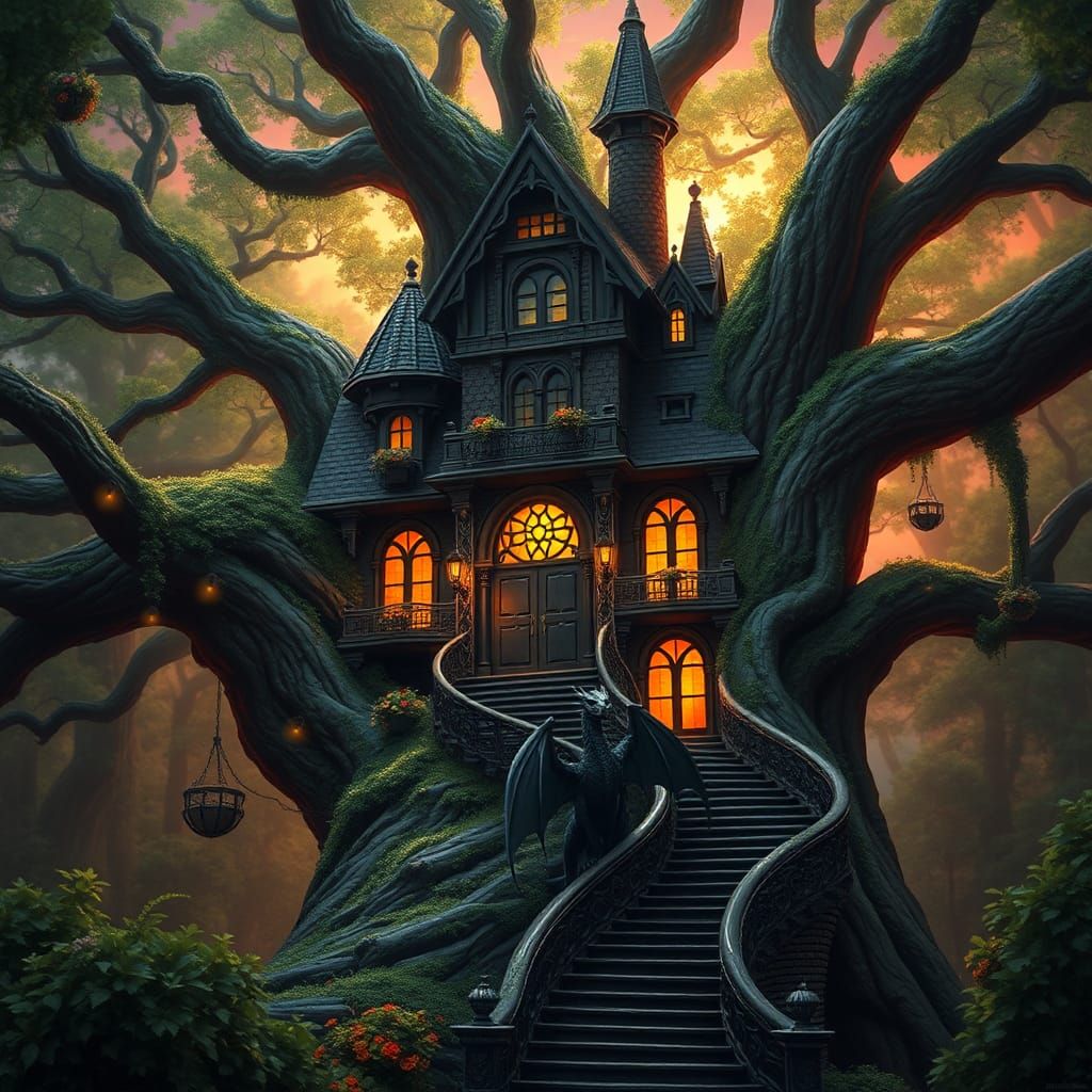 Gothic Castle Treehouse with Dragon in Acrylic Style