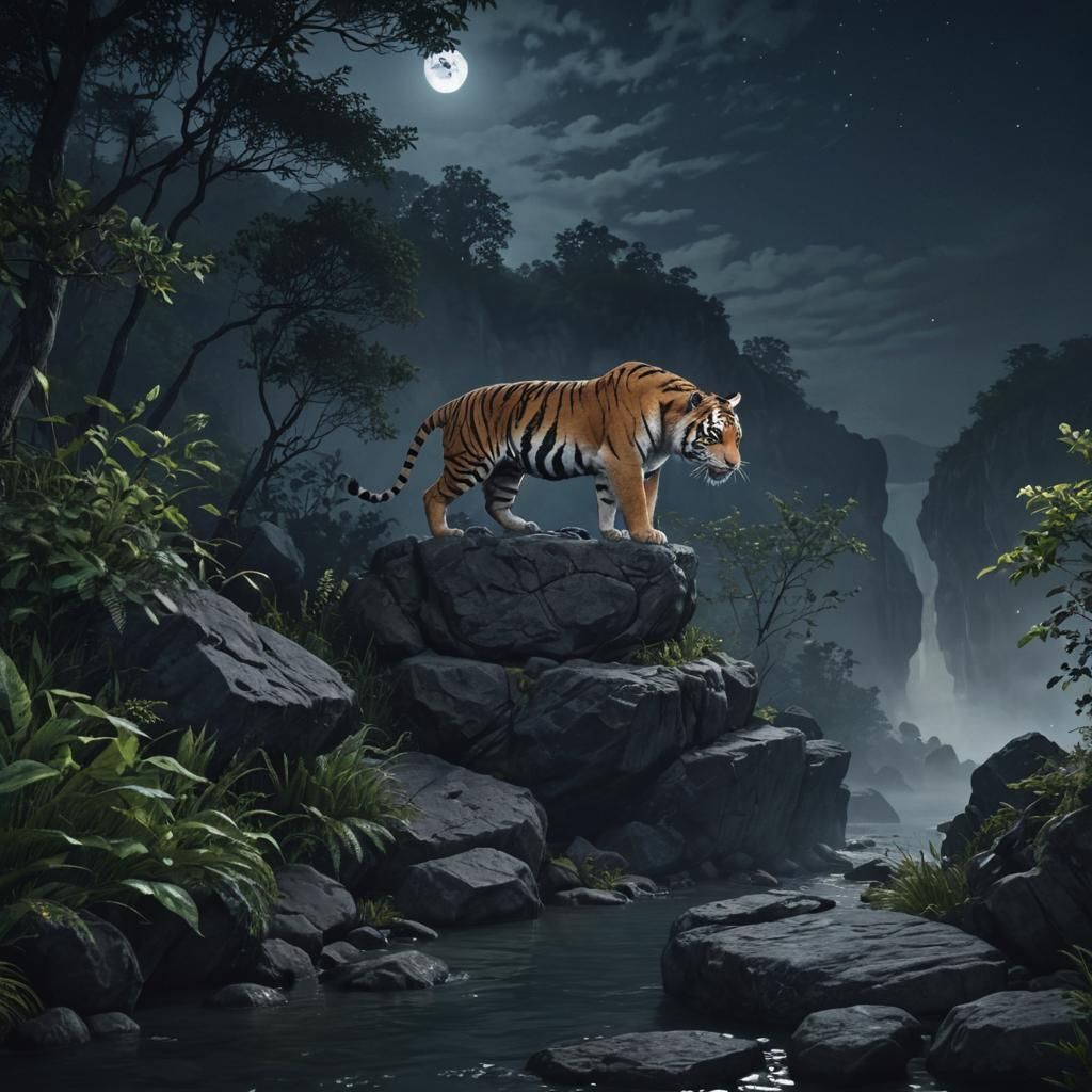 Tiger on Cliff Overlooking Misty River at Night