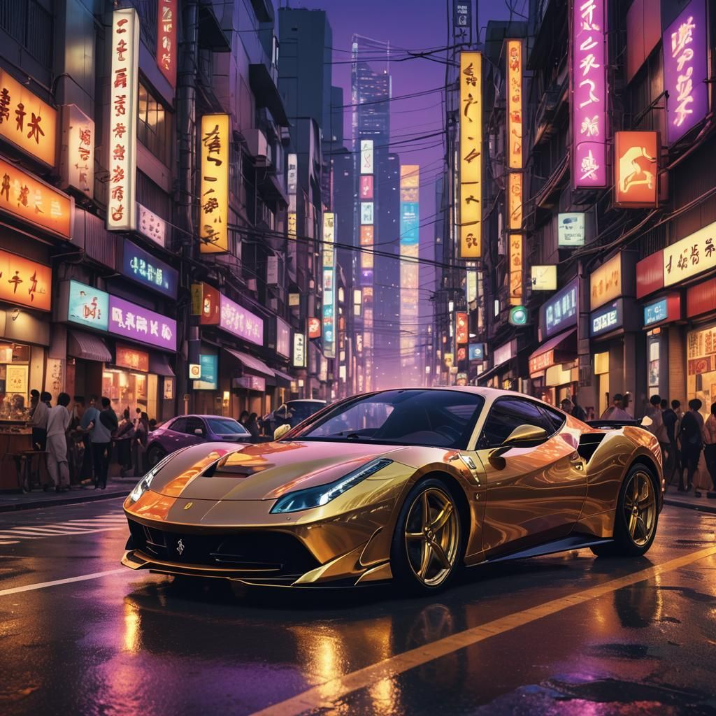Golden Ferrari Races Through Neon Tokyo: Sci-Fi Art