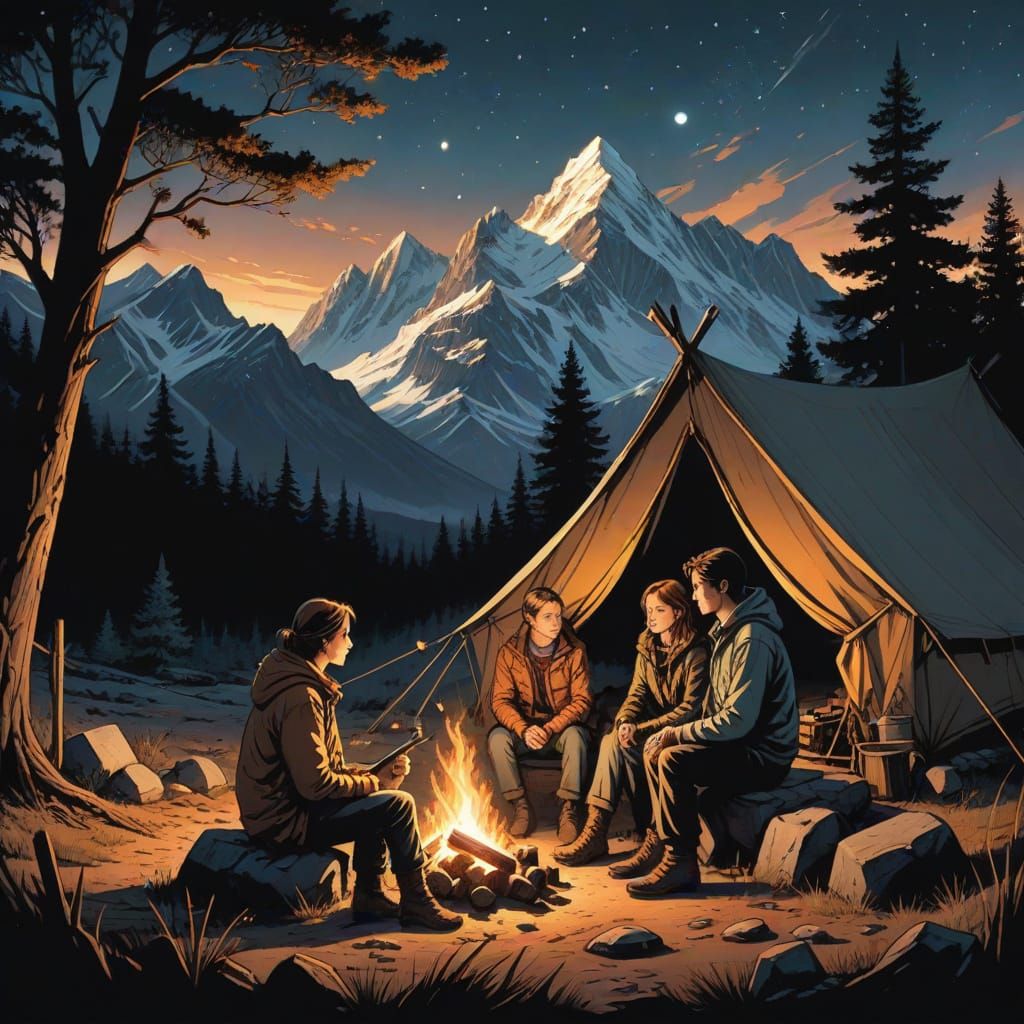 Cozy Mountain Campfire Scene in Warm Tones