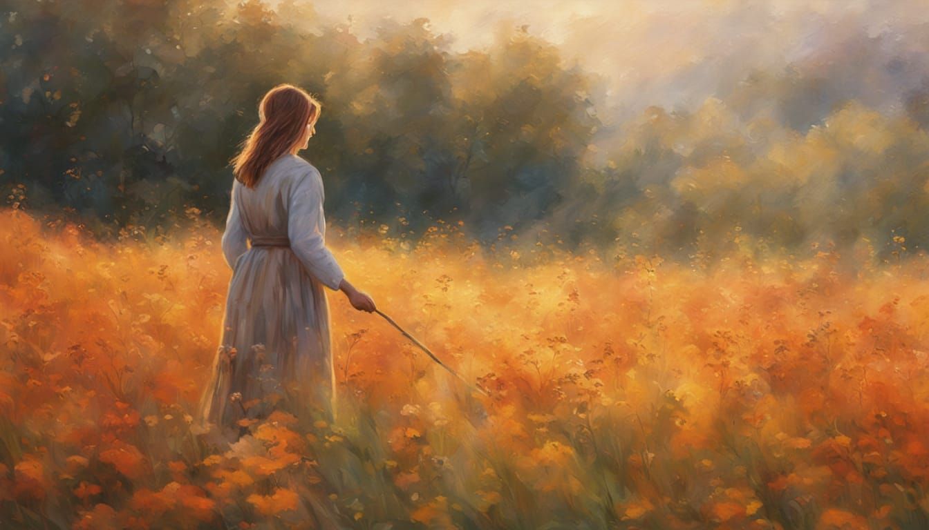 Woman in Yarrow Field: Impressionist Autumn Scene