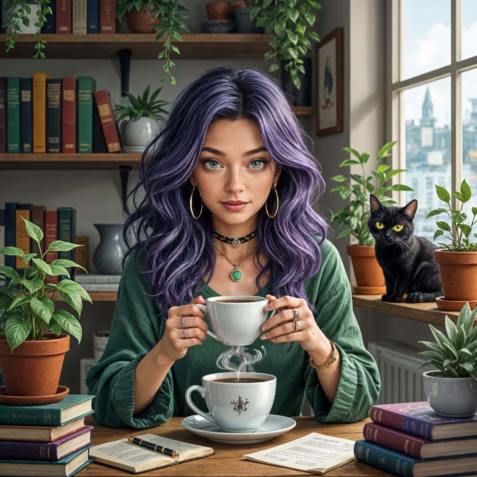 Modern Witch Brewing Coffee in Cozy Apartment with Cat