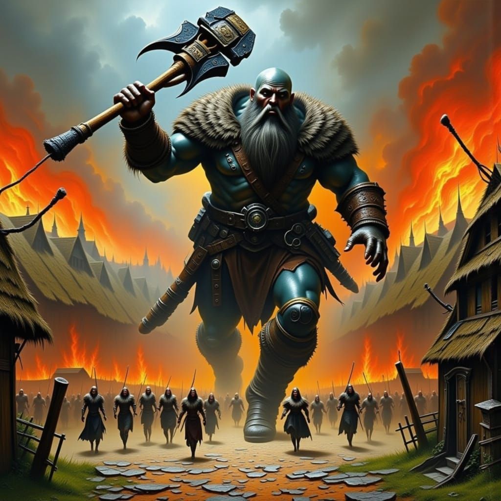 Medieval Village Under Siege by a Giant Bearded Warrior in a...