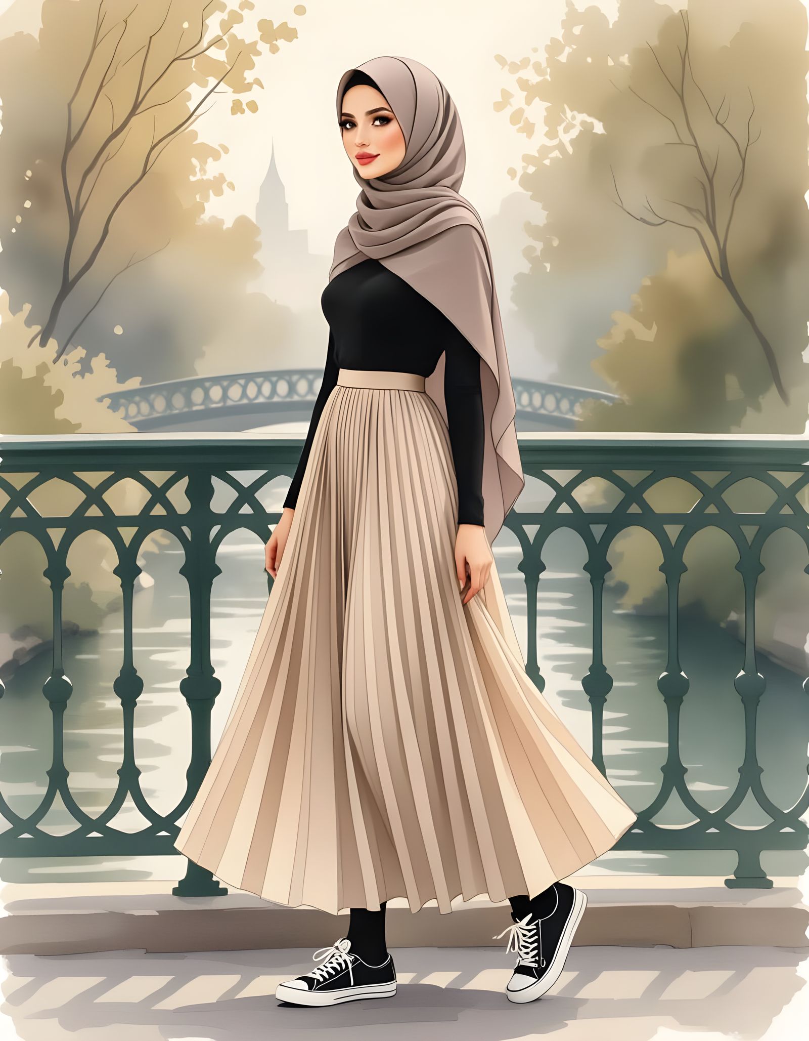 Hijabi Woman on Bridge in Watercolor Style