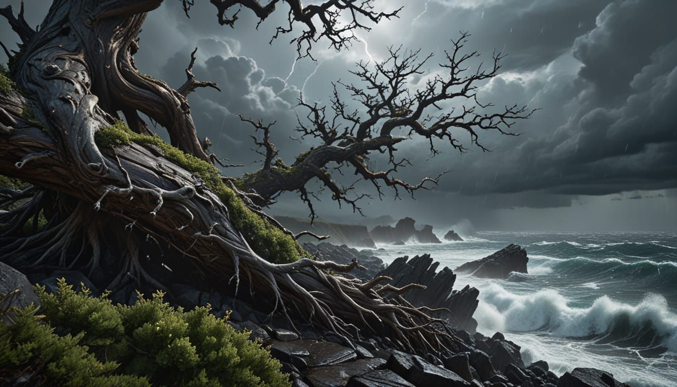 Ancient Tree on Stormy Cliff - Cinematic Film Still