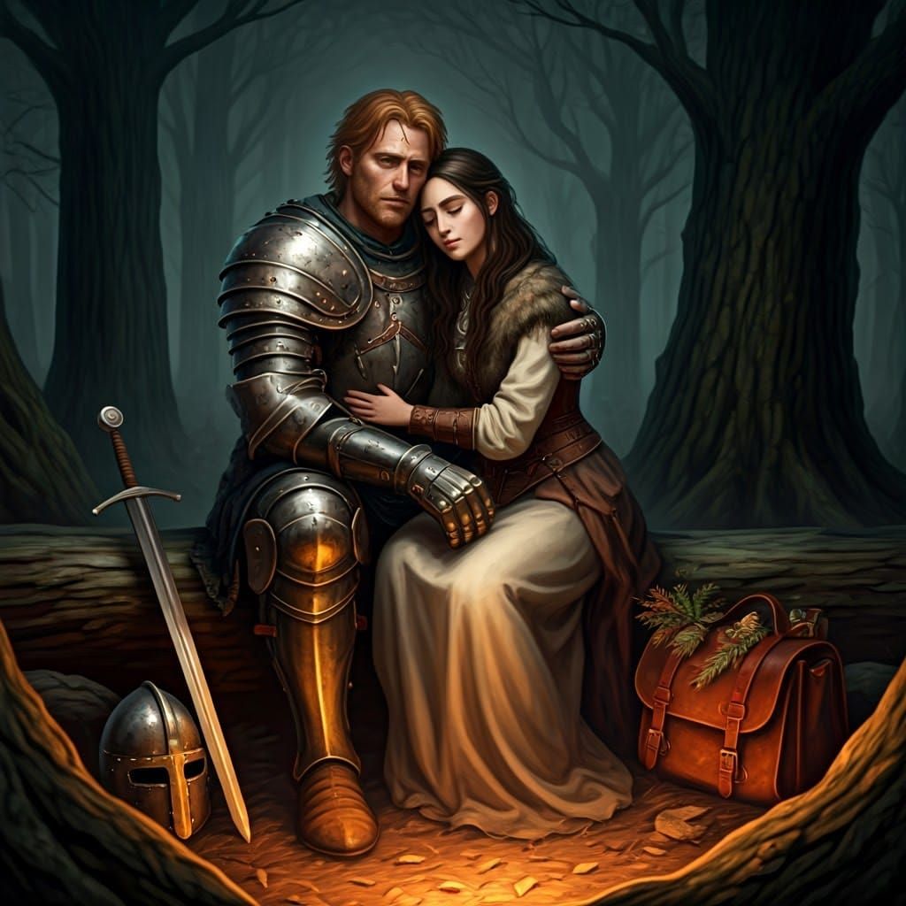 Medieval Knight Shelters Woman in Misty Forest
