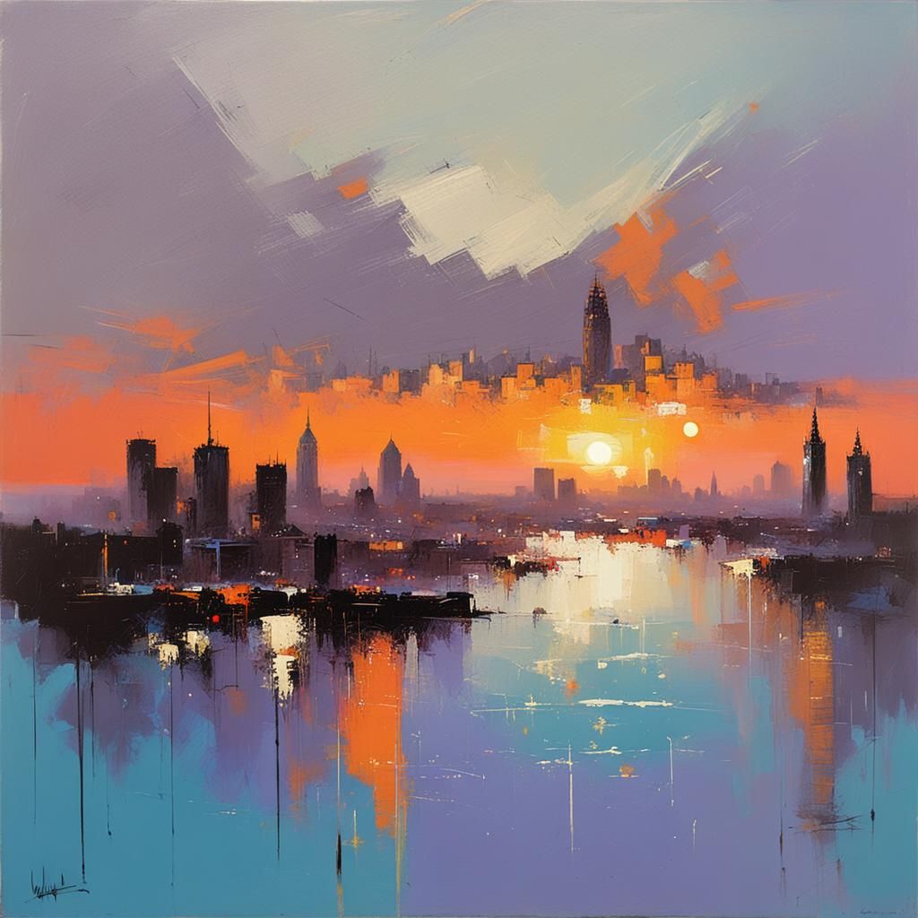 City Sunset Inspired by Impressionist Art