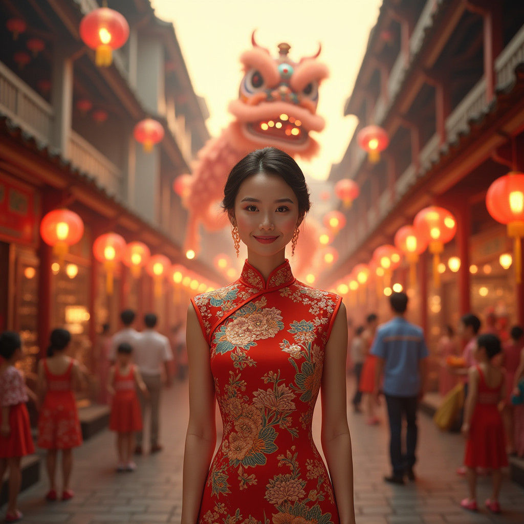 Cheongsam Lady Celebrates Chinese New Year in Singapore