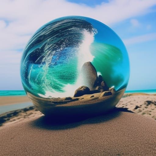 Beach Scene Inside Crystal Ball with Wave