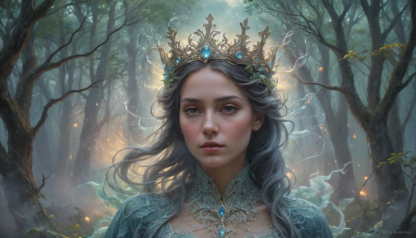 Mysterious Woman Conjuring Clouds in Misty Forest