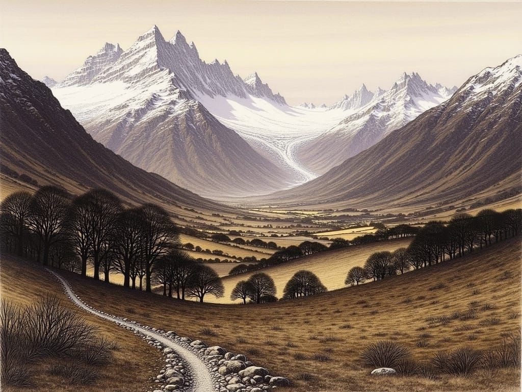 Patagonian Mountain Landscape in Classical Painting Style