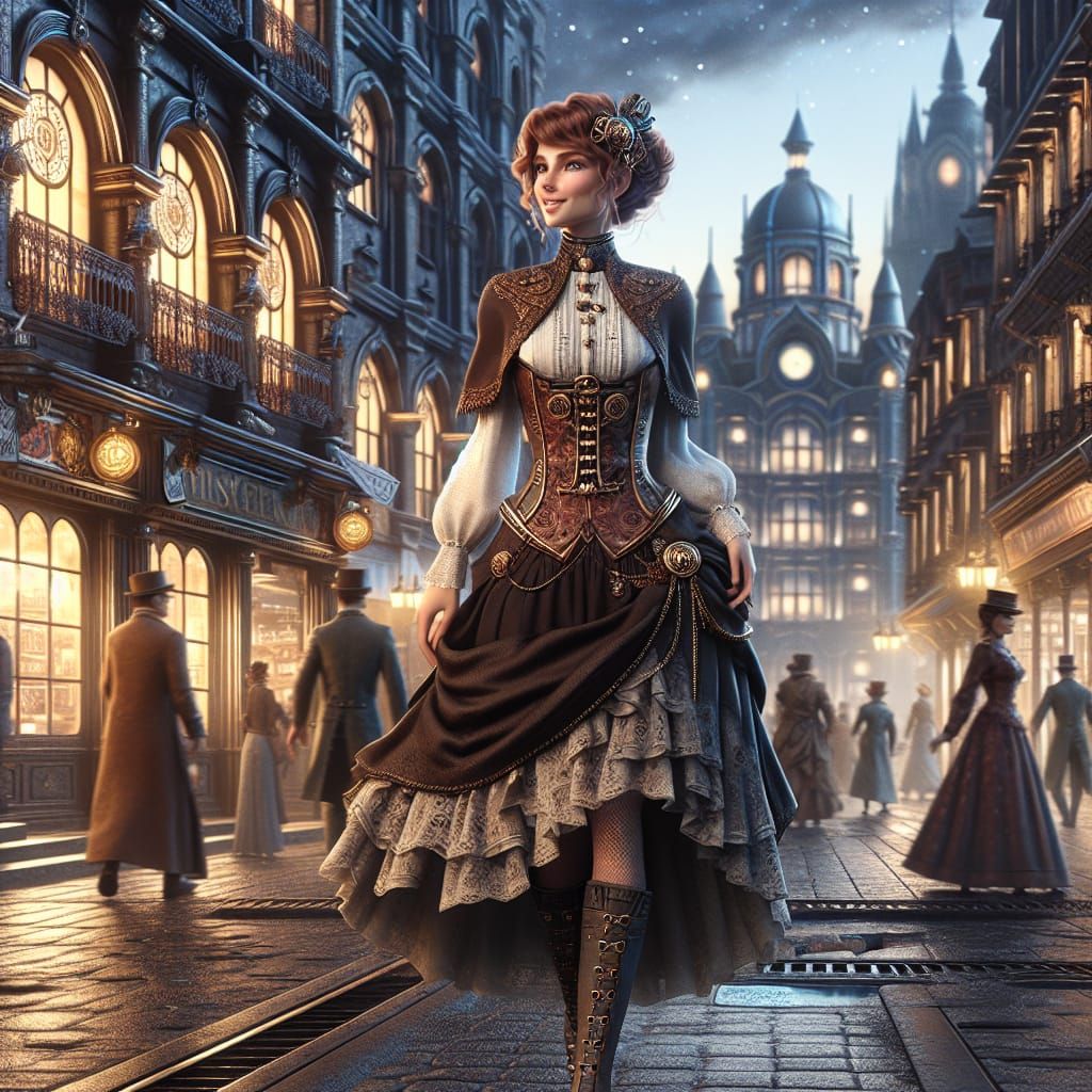 Steampunk Victorian Woman on a Bustling Street