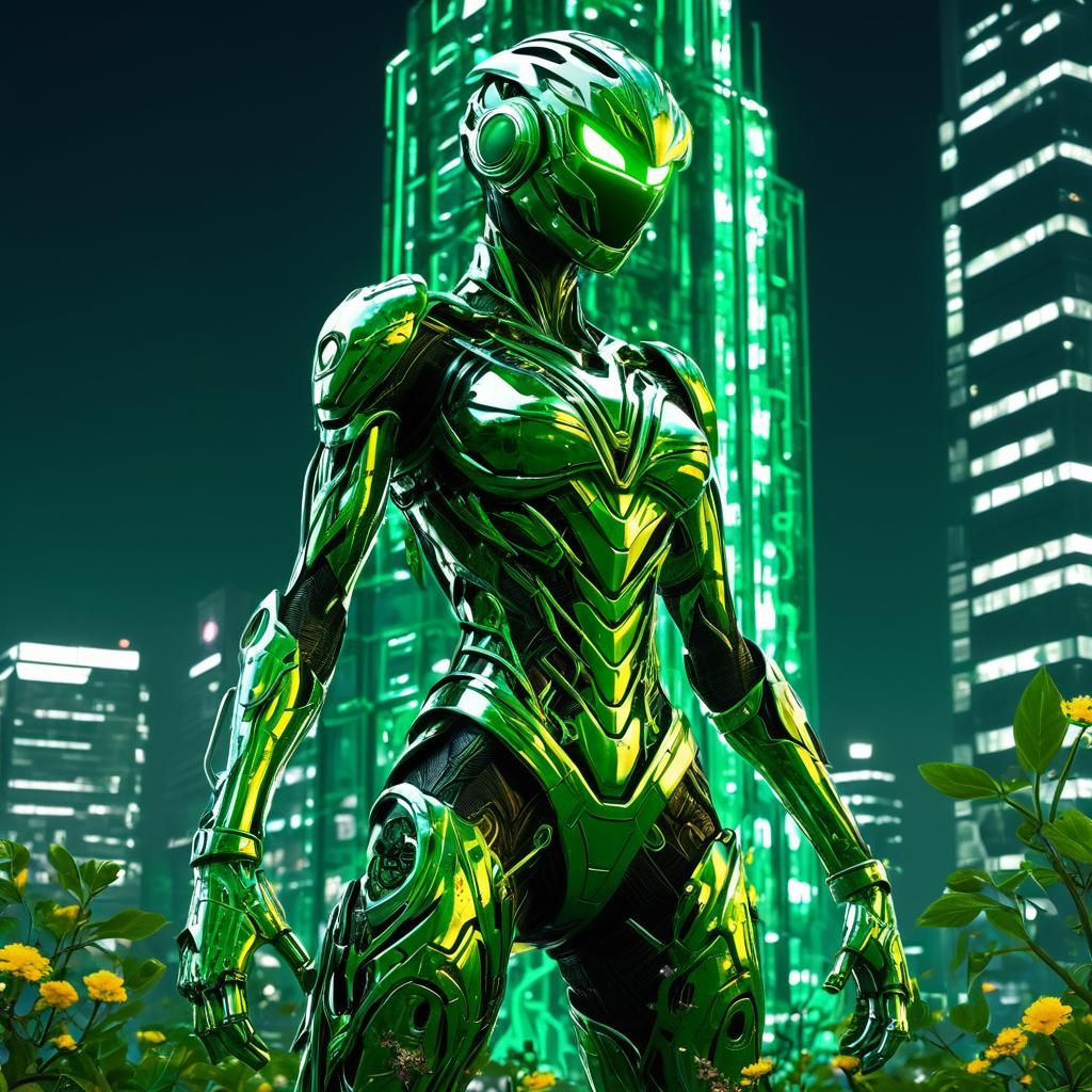 Biopunk Plant Woman on Scifi Skyscraper