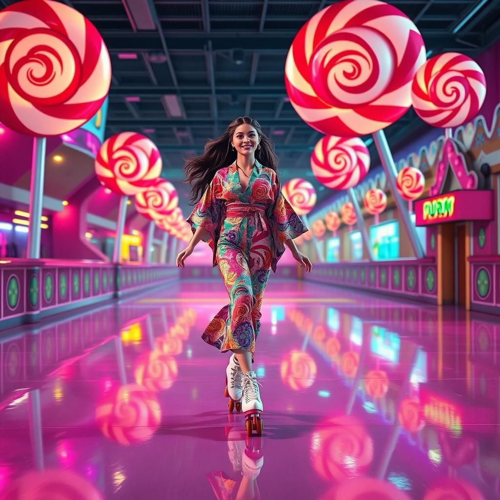 Kimono Skater in Retro-Futuristic Candyland Roller Rink