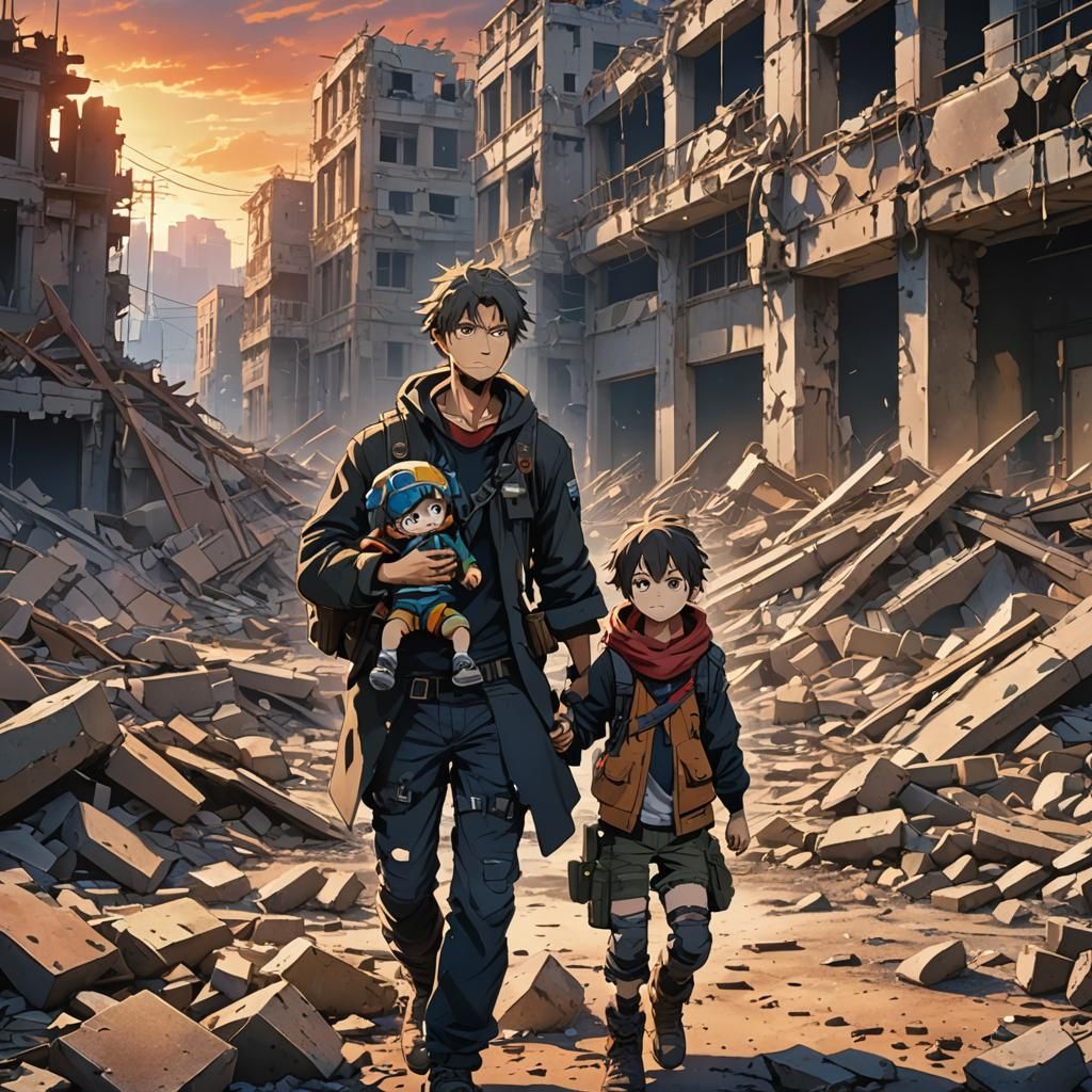 Post-Apocalyptic Father and Child in Anime Style
