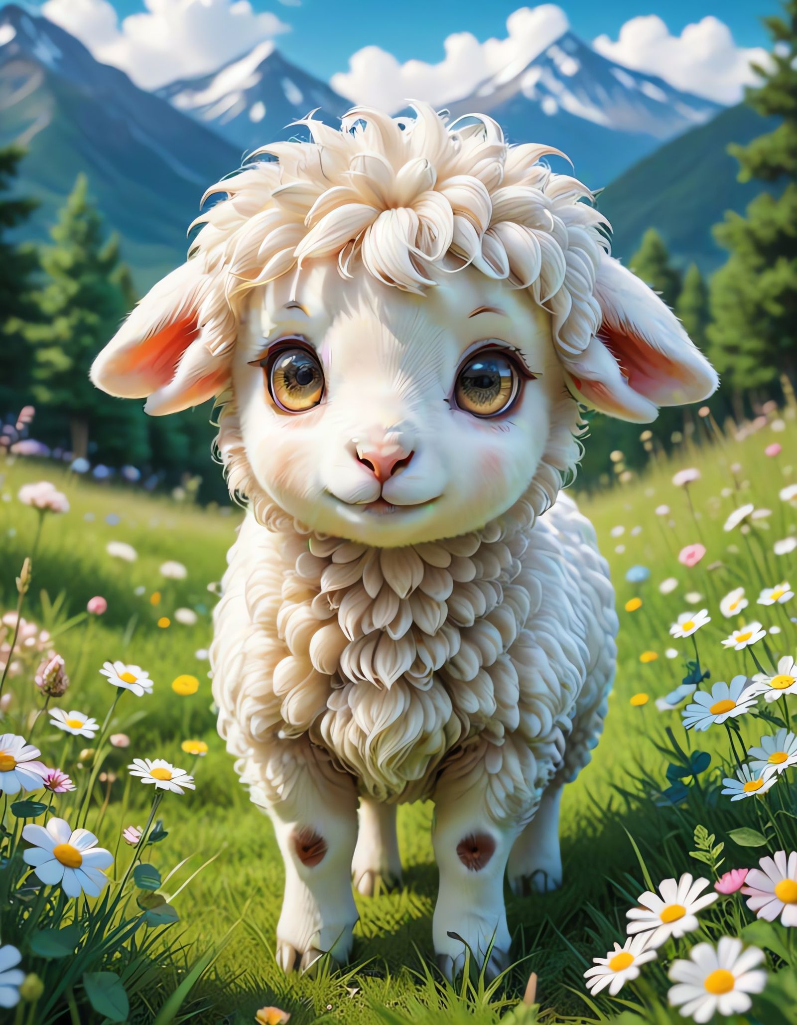 Adorable Chibi Sheep in Alpine Meadow: Kawaii Art