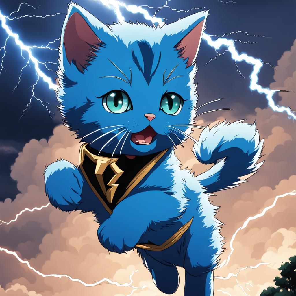 Blue Kitten Rides Lightning Bolt in Anime Style