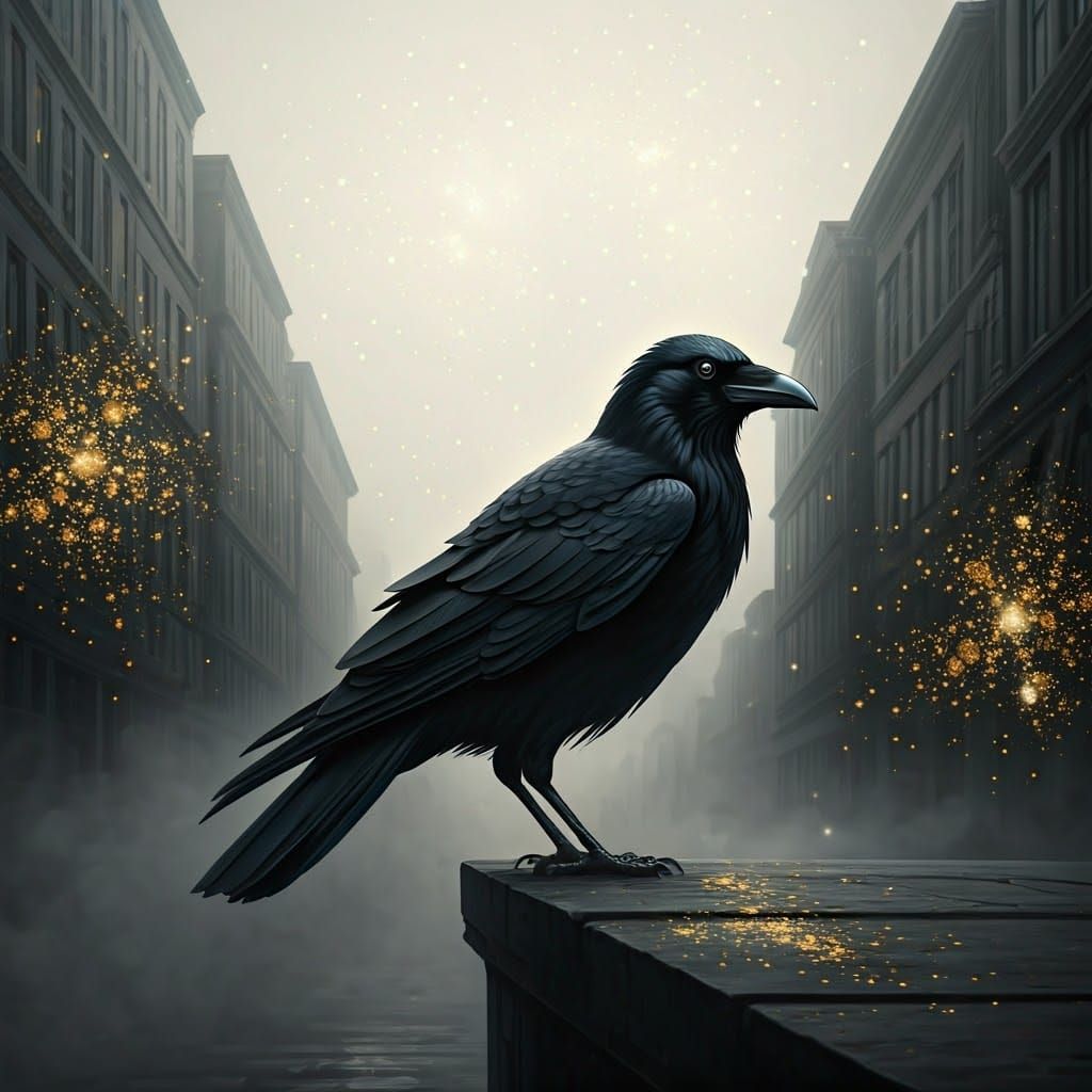 Glowing Crow Amidst Foggy Cityscape in Japanese Dark Pastel ...